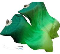 Winged Sirenny Paio Veli a Ventaglio in Vera Seta con Poi Corde, Velo Fan-poi Lungo di Danza Del Ventre 150cm (Smeraldo)