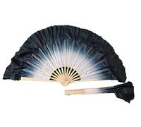 Winged Sirenny Ventagli Danza Seta Corti Coppia (1 Destra + 1 Sinistra) per Danza Tribale, Fusion e Flow Art - 10cm Tessuto Seta con Pittura a Mano e 30cm Stecche in bambù (Bianco-Nero)