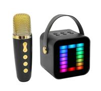 WINH Mini set di macchine per karaoke, doppio altoparlante magnetico interno, portatile, per karaoke, effetti sonori 5.3, riverbero compatto, luce RGB pickup per feste (nero)