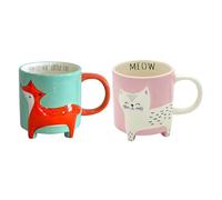 Winkee - Cute Animal - Tazzine da caffè e tazza da tè, misura XXL, ca. 450 ml, set da 2 pezzi, motivo: volpe e gatto