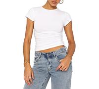 WINKEEY Essentials Maglietta Donna T-Shirt Y2K Crop Top Manica Corta Estate Camicia Sexy Pianura Outfit di Base Streetwear Yoga Top, Bianco XS