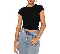 WINKEEY Essentials Maglietta Donna T-Shirt Y2K Crop Top Manica Corta Estate Camicia Sexy Pianura Outfit di Base Streetwear Yoga Top, Nero S