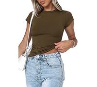 WINKEEY Essentials Maglietta Donna T-Shirt Y2K Crop Top Manica Corta Estate Camicia Sexy Pianura Outfit di Base Streetwear Yoga Top, Marrone M