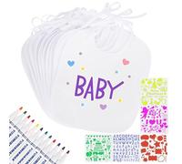 Winload Bavaglini Bianco per Bambini, 12 Pcs DIY Bavette Neonato con 12 Pezzi Pennarelli Tessili e 5 Stencil, Bavaglino Bandana Impermeabile per Baby Shower Party