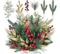 Winlyn 70 steli assortiti di verde di Natale rami di pino artificiale sempreverde picconi di bacche rosse aghi di pino glitter foglie spray 15 - 32,3 cm per alberi di vacanza composizioni floreali