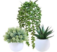 Winlyn Set di 3 piante grasse artificiali assortite in vasi di cemento bianco finto luppolo di aloe filo di perle piante in vaso, piccole piante finte per casa, giardino, ufficio, scrivania, bancone,