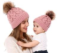 Winmany 2PCS Cappello da Bambino Berretto in Maglia per la Mamma e Il Bambino Berretto da Abbinare alla Famiglia Cappello da Sci Invernale (Rosa)