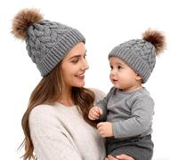 Winmany 2PCS Cappello da Bambino Berretto in Maglia per la Mamma e Il Bambino Berretto da Abbinare alla Famiglia Cappello da Sci Invernale (Grigio)