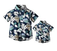 Winmany Camicie Hawaiian per Famiglia, per Padre e Figlio, Abbigliamento da Spiaggia, Stampa Tropicale con Foglie Fiorite, Blu, 3-4 Anni