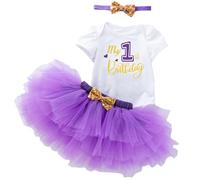 Winmany Completo per il primo compleanno della bambina, 3 pezzi, con fiocco, fascia per capelli, tutina, tutù e gonna, per cake smash, set per servizio fotografico, Lilla, 12-18 Mesi