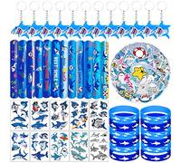 WINMIND 96 Pezzi Squalo Partito Bomboniere Incluso Squalo Portachiavi , Silicone Braccialetto Braccialetti, Bracciali a schiaffo, Adesivi per tatuaggi e Adesivi sugli squali per Doccia per bambini