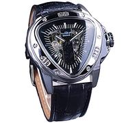 Winner - Orologio da polso meccanico a triangolo, alla moda, impermeabile, quadrante scheletrato dorato, movimento automatico, design in pelle, orologio meccanico da uomo, Argento, Meccanico