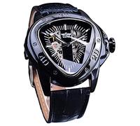 Winner - Orologio da polso meccanico a triangolo, alla moda, impermeabile, quadrante scheletrato dorato, movimento automatico, design in pelle, orologio meccanico da uomo, Nero-1, Meccanico