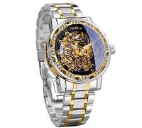 Winner - Orologio da polso meccanico meccanico retrò, con diamante e intaglio, da uomo, con scheletro, classico, numeri romani, Argento/nero., Stile casual