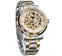 Winner - Orologio da polso meccanico meccanico retrò, con diamante e intaglio, da uomo, con scheletro, classico, numeri romani, Argento-Bianco, Meccanico