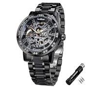 Winner - Orologio da polso meccanico meccanico retrò, con diamante e intaglio, da uomo, con scheletro, classico, numeri romani, nero e argento, Meccanico