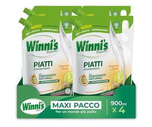 Winni's - Detersivo Piatti a Mano in Ecoformato, Concentrato, Ipoallergenico, con Sgrassanti Naturali da Biofermentazione, Bergamotto e Zenzero, Materie Prime di Origine Vegetale, 900ml x 4 Confezioni