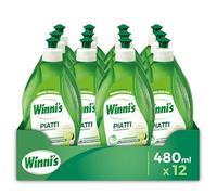 Winni's Detersivo Piatti a mano, Lime e Fiori di Mela, 480 ml x 12 | Per il lavaggio a mano di piatti e stoviglie, anche in acqua fredda. Concentrato e ipoallergenico. Lascia la pelle idratata.