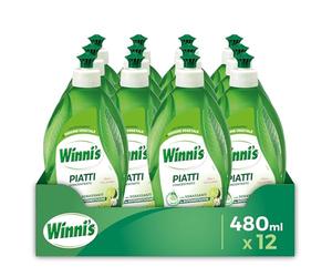 Winni's Detersivo Piatti a mano, Lime e Fiori di Mela, 480 ml x 12 | Per il lavaggio a mano di piatti e stoviglie, anche in acqua fredda. Concentrato e ipoallergenico. Lascia la pelle idratata.