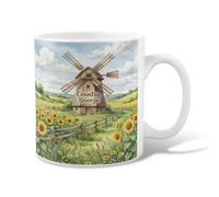 Winnowing - Tazza da caffè in ceramica, rustica, con girasoli, recinto, verde, con manico, ideale per amicizia, famiglia, colleghi, personale, insegnanti, 325 ml