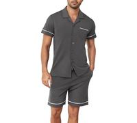 Winovia Pigiama Uomo Corto in 100% Cotone - Set Pigiama Estivo con Colletto a Revers & Bottoncini - Set da 2 Pezzi Shorty & Casacca per Uomini (Regular Fit), grigio scuro, M