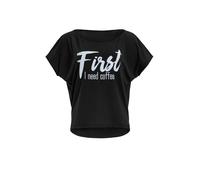 WINSHAPE Maglietta a Maniche Corte Ultra Leggera in Modal Mct002 con Stampa Glitterata First I Need Coffee, Dance Style T-Shirt, Nero/Bianco Glitter, M Donna