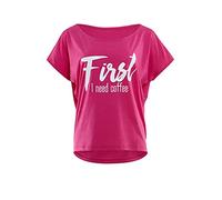 WINSHAPE Damen Ultra leichtes Modal-Kurzarmshirt MCT002 mit weißem „First I Need Coffee” Glitzer-Aufdruck T-Shirt, Deep-Rosa/Bianco, L Donna