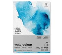 Winsor & Newton Carta per acquarello, Grana Fine, 300gr, Miscela Di Fibre di Cotone 25% e Cellulosa, Bianco Naturale, Priva di Acidi, DIN A5, Blocco incollato 1 Lato, 12 Fogli