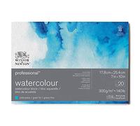 Winsor & Newton Carta per acquarello Professional, Grana Fine, 300gr, Cotone 100%, Bianco Naturale, Priva di Acidi, 17,8X25,4CM, Blocco incollato 4 Lati, 20 fogli