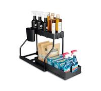 Wintem - Organizer Universale con 2 Ripiani di cui 1 scorrevole e 4 Ganci Nero con Secchiello Laterale, Ideale per Conservare Detergenti e Accessori in Modo Ordinato e Salvaspazio (Nero)