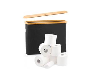 Wintem - Porta Carta Igienica in Tessuto Nero con Coperchio in Bambù Naturale, Design Elegante e Compatto per Accessori Bagno, Facile da Spostare e da Pulire, Capienza fino a 12 Rotoli