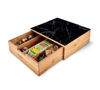 Wintem - Porta Cialde Caffè e Porta Capsule in Bambù con Ripiano in Vetro Marmorizzato Nero, Organizer per Angolo Caffè e Tè 30x30x10cm, Elegante e Compatto per Casa e Ufficio
