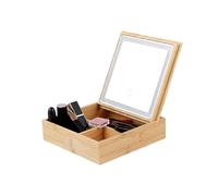 Wintem - Porta Trucchi in Bambù con Specchio LED Integrato, 3 Scomparti per Make-Up e Accessori, Ideale per Toeletta e Uso Quotidiano, Struttura Resistente e Design Elegante