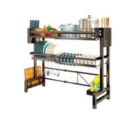 Wintem - Scaffale Cucina Espandibile 2 Livelli in Metallo con Accessori, Organizer per Lavello e Piano di Lavoro Regolabile 58-96 cm, con Porta Coltelli e Ganci, Ideale come Scolapiatti Salvaspazio