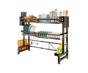 Wintem - Scaffale Cucina Espandibile 2 Livelli in Metallo con Accessori, Organizer per Lavello e Piano di Lavoro Regolabile 58-96 cm, con Porta Coltelli e Ganci, Ideale come Scolapiatti Salvaspazio
