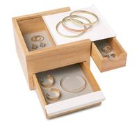 Wintem Scatola Portagioie 3 Cassetti in Legno Bianco e Beige 17x15x11cm - con Piedini in Gomma Antiscivolo non Graffia i Mobilie ed è Ideale per Organizzare e Proteggere Anelli, Collane e Bracciali