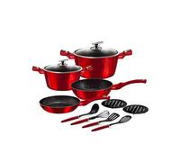 Wintem Set 12 Pentole e Padelle Rosse Antiaderenti in Alluminio con 4 Utensili da Cucina e Comodi Coperchi in Vetro Temperato - Compatibile con Tutti i Piani Cottura Come a Gas, Induzione ed Elettico