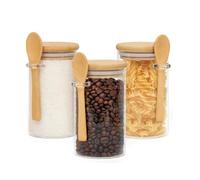 Wintem - Set 3 Barattoli Vetro con Coperchio Ermetico in Legno e Cucchiaio da 500ml, Ideali per Spezie e Zucchero, Facili da Riempire, Riutilizzabili ed Eleganti per Ogni Cucina