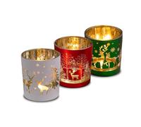 WINTEM Set 3 Porta Candele in Vetro Rosso, Verde e Bianco con decorazione natalizia per Candele Natalizie e Addobbi di Natale, Ideali per Tavola Festiva e Atmosfera Calda ed Elegante