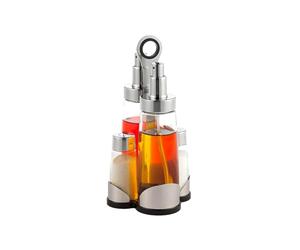 Wintem Set 5 Pezzi Condimenti da Tavola in Vetro e Acciaio 200/600ml Argento - Dimensioni Set 22x9,8x11cm - Include Contenitore per Olio, Aceto, Sale e Pepe e Supporto con Maniglia Ergonomica
