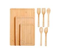 Wintem - Set Tagliere da Cucina in Bamboo con 3 Formati e 5 Utensili Ergonomici Ideale per Taglio, Preparazione Ingredienti e Uso Quotidiano con Materiale Naturale Resistente