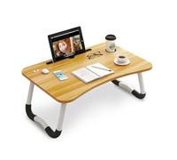 Wintem - Tavolino da Letto Pieghevole Bianco 60x40 cm con Porta Bicchiere e Supporto Tablet | Tavolino Salvaspazio da Colazione, Studio o Relax in Casa