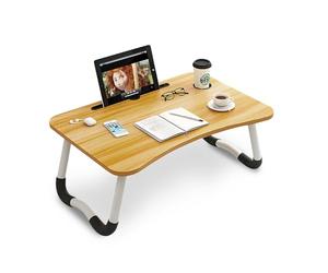 Wintem - Tavolino da Letto Pieghevole Bianco 60x40 cm con Porta Bicchiere e Supporto Tablet | Tavolino Salvaspazio da Colazione, Studio o Relax in Casa