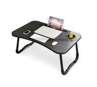 Wintem - Tavolino da Letto Pieghevole Nero 60x40 cm con Porta Bicchiere e Supporto Tablet | Tavolino Salvaspazio per Colazione, Studio o Relax su Letto o Divano