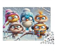 Winter Birds Jigsaw Puzzle for Adults: Five Cartoon Birds in Winter Hats Fun Present & Activity for Home Wall Decor 52x38cm/1000pcs
