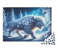 Winter Bison Adult Jigsaw Games: Snowy Bison with Floral Patterns Challenging & Brainteasing for Decompression 52x38cm/1000pcs