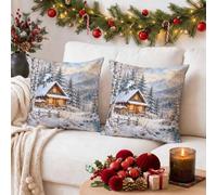 Winter Cabin Landscape Christmas Throw Pillow Covers 14x14 Set di 2 | Cabina invernale, federe per cuscini, foresta di montagna, paesaggio innevato, pittura vintage