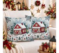 Winter Cabin - Set di 2 federe per cuscino con scena della foresta innevata | Federa per cuscino con paesaggio invernale e uccelli cardinali, stile artistico, accenti stagionali per la casa