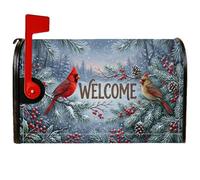 Winter Cardinal Welcome Sign Magnetic mailbox Covers 53 x 63 cm | Rami di pino, involucri per cassette postali, bacche rosse, neve, segno di benvenuto, paesaggio invernale