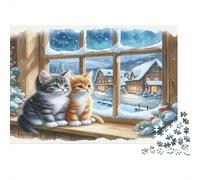 Winter Cats Window Puzzle 1000 Pezzi | Adulti 1000 Pezzi Classici Ragazzi Decorazione Pareti Regalo Gioco Familiare 38x26cm/1000pcs